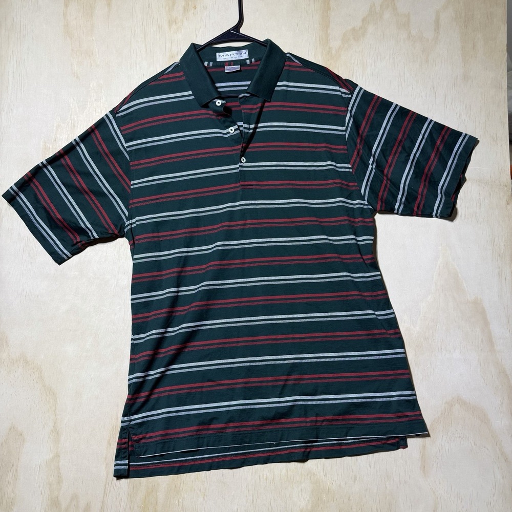 Martin Men's Large Pima Cotton Polo Shirt Green Red White Stripe Golf Preppy